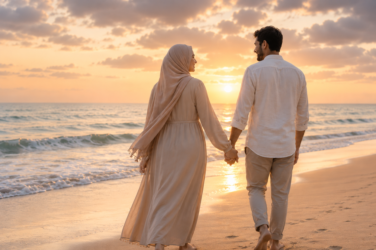 Muslim couple walking on the beach at sunset